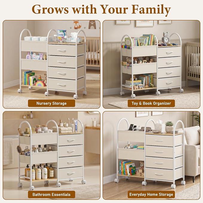 Baby Organizer and Storage Cart, 4-Tier Rolling Utility Cart with Wheels, Dividers and Drawers, Easy to Assemble for Nursery, Bedroom & Changing Table, White - Image 8