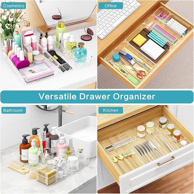 Manalete 65 Pcs Clear Plastic Drawer Organizer, Makeup & Vanity Organizer | 4-Size Versatile Desk Organizer & Storage Bins for Kitchen, Bathroom, Office, Jewelries, Easy Clean, Stackable, BPA-Free - Image 7