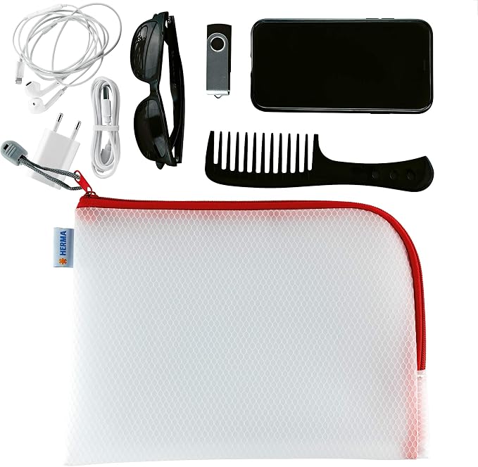 HERMA 20008 Zip Toiletry Bag A5, Transparent (26 x 20 cm) Small Zippered Travel Pouch for Cosmetics, Liquids, Make-up, Toothbrush, Clear Cosmetic Bag with Zipper in red - Image 7