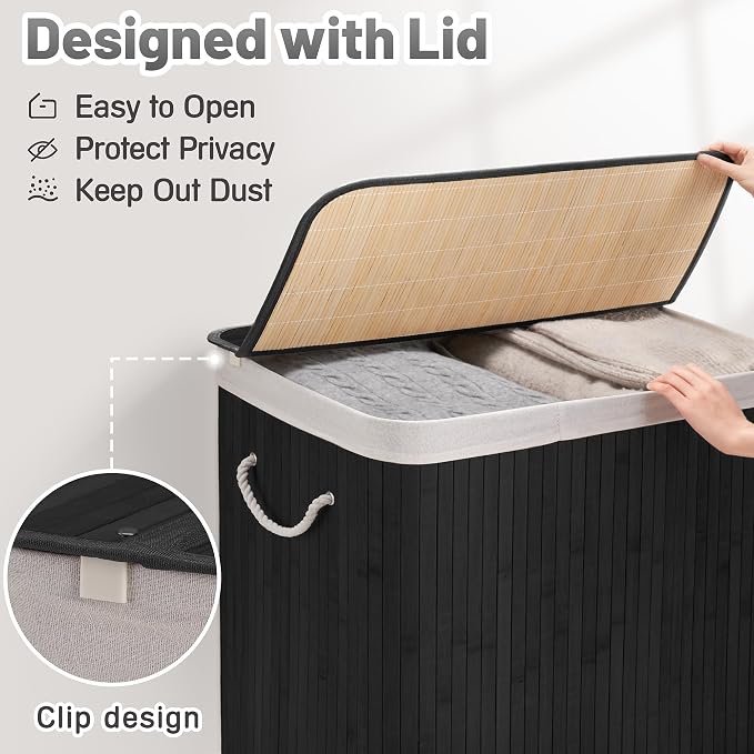 Aliphon 100L Laundry Hamper with lid, 2-Section Clothes Laundry Basket with Handles, Large Collapsible Bamboo Baskets for Bedroom, Bathroom, Dorm, Ink Black - Image 8