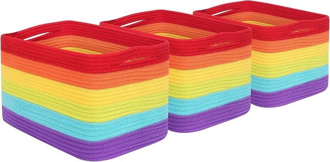 3-Pack Storage Baskets for Shelves, Playroom and Classroom, Book Basket, Decorative Storage Cube Bins, Woven Closet Organizers, Pantry and Shoe Organizer, Rainbow - Image 9