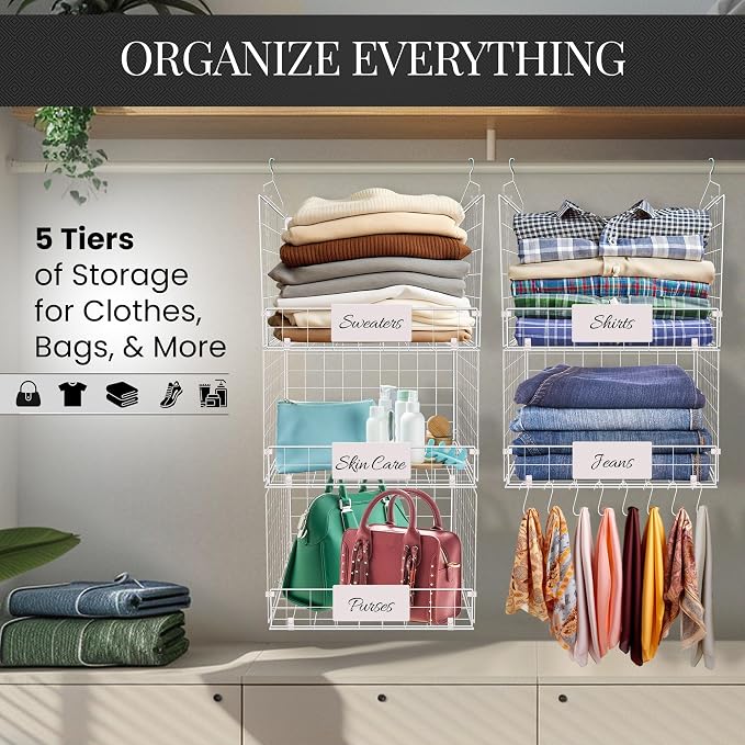 DECOLURE 5-Tier Adjustable Hanging Closet Organizer – Maximize Hanging Storage w/ 4 Hanging Hooks, 8 S Hooks & 5 Name Plates - Sturdy Foldable Wire Storage Hanging Shelves for Clothes, Towels (White) - Image 5