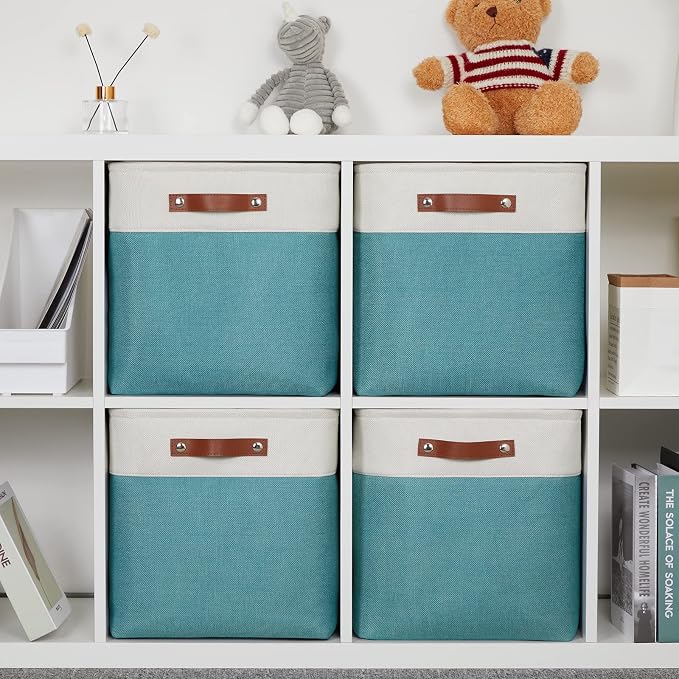DULLEMELO Storage Bins for Organizing,Closet Storage Baskets for Gift Empty,Large Linen Canvas Storage Bins with Handles for Home Office Toys Shelves(White&Teal, 13 inch Cube) - Image 7