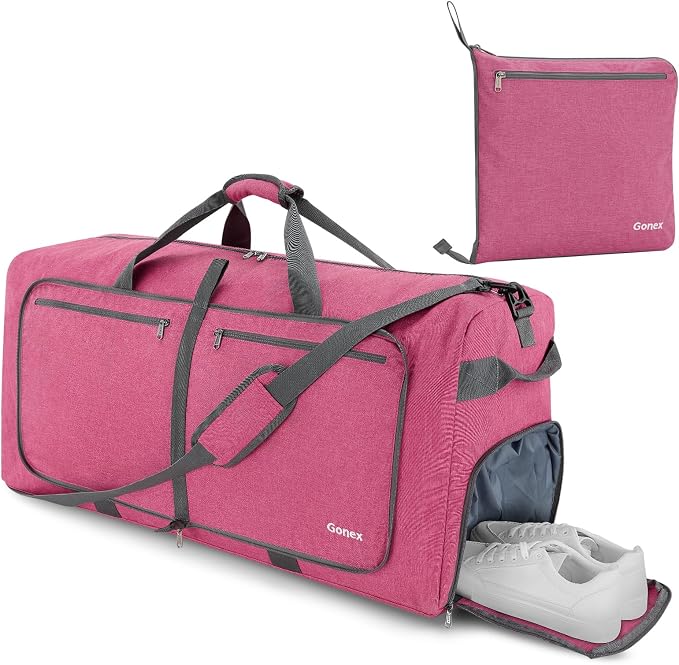 Gonex 100L Foldable Travel Duffle Bag with Shoe Compartment, Lightweight | 210D Nylon, Water-Repellent, Folds Compact, Multiple Pockets, Luggage Sleeve,Family Travel & Camping, Pink - Image 8