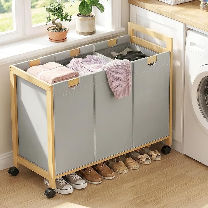 250L Laundry Sorter Cart with Wheels, 3-Section Rolling Laundry Basket with Removable Bags, 66 Gal Large Laundry Hamper Organizer, Heavy Duty Bamboo Frame, Water-Resistant, Grey - Image 8