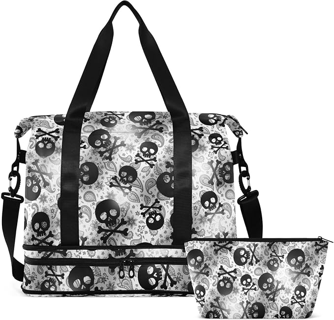 MNSRUU Travel Duffel Tote Bag Skulls Black Grey Paisley Sports Duffel Bag with Wet Pocket Weekender Overnight Bag for Women Men Gym Bag, Carry On Bag Hospital Bag for Labor & Delivery - Image 8