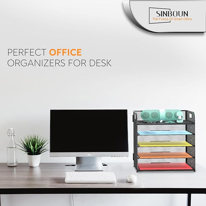 2 Pack Letter Tray 5-Tier Desk Organizer File Paper Holder with Handle, Metal Desktop Document Shelf Tray Office Classroom Organization - Black - Image 7