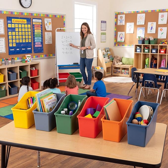 Geetery 12 Pcs Book Bin for Classroom with Labels Stackable Plastic Organizing Bins 11.5 x 5.4 x 7.5 in Book Holders Storage Bins Box Baskets for Classroom Library Home (Earth Tones) - Image 6