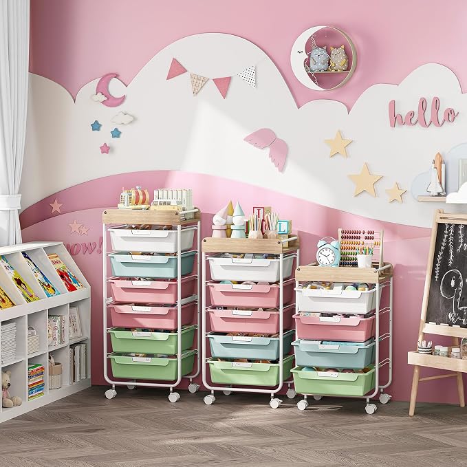 SYKIARIOL Rolling Cart with 6 Drawers,Craft Organizer and Storage,Colorful | Utility Storage Cart with Drawers,Art Cart,Makeup Organizer With Wooden Tabletop - Image 9