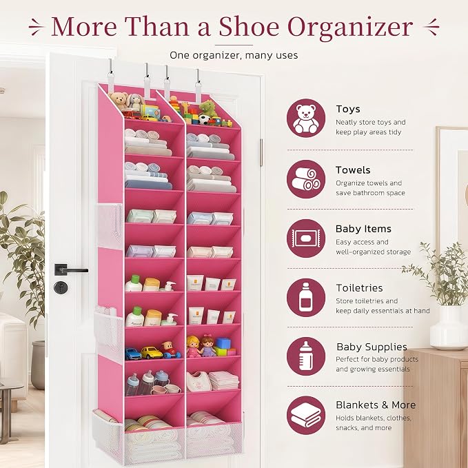 Over the Door Shoe Organizer, 20-30 Pairs Heavy-Duty Hanging Shoe Storage with Large Pockets, 10-Tier Door Shoe Rack with 4 Hooks for Sneakers Sandals Heels Boots (Pink) - Image 7