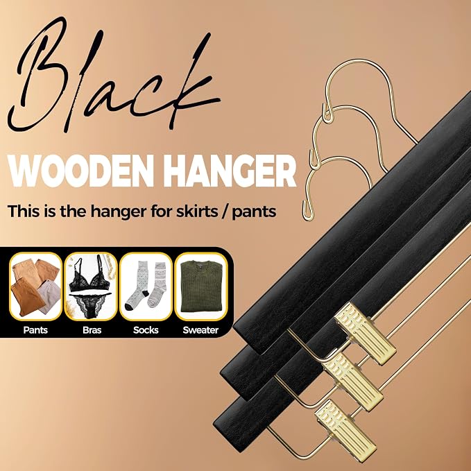 Quality Hangers Wooden Pants Hangers - Multi-Pack Swivel Hook Cloth Hanger Set - Lotus Wood Skirt, Pant, Shorts and Slack Hangers with Adjustable Clip – Clothing Hanger Set (120, Black - Gold Hook) - Image 7
