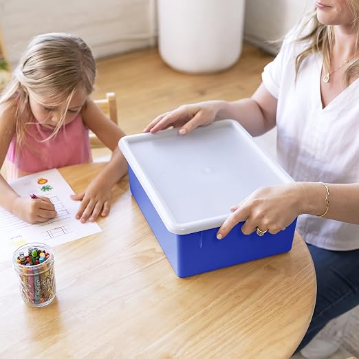 ECR4Kids Letter Size Plastic Tray Organizer with Lids, Large, Storage Bins, Blue, 10-Piece | Durable plastic, GREENGUARD Gold Certified, 1 gallon capacity, stackable/nestable, easy-lift lids, classroom & home use - Image 9