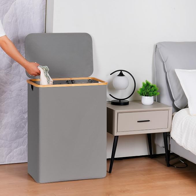 efluky Laundry Hamper with Lid, Trio Laundry Basket with 2 Removable Bags, 3 Section Laundry Bin with Bamboo Handles for Bathroom, Bedroom & Laundry Room, 160L (42.3 Gallon) Silver Grey - Image 6