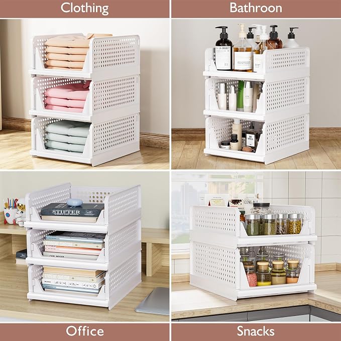 4 Pack Folding Closet Organizers Storage Box, Stackable Storage Bins, Plastic Drawer Basket Closet Storage for Wardrobe Cupboard Kitchen Bathroom Office White-4L | White Stackable Plastic Drawer Bins for Closets, Wardrobes, Kitchens, Bathrooms, Offices - Image 7