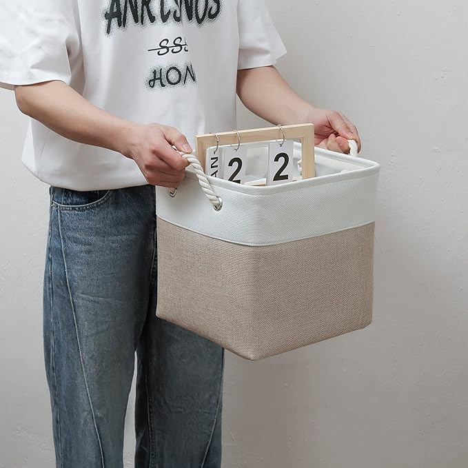 MidmmVick 11 x 11 Inch Cube Storage Bins, 6 Pack Large Collapsible Fabric Storage Bin with Ropes, Foldable Storage Cubes for Home, Office,Closet, Clothes, Toys Organizer (White & Beige-11"x11"x11") - Image 6