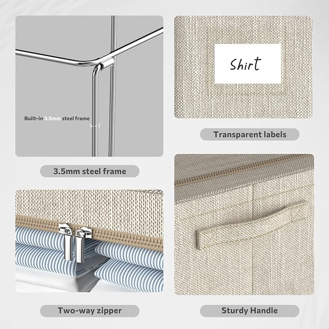 CYhom 3Pack Foldable Storage Bins - Frame Storage Box Linen Fabric Stackable Clothes Container Organizer with Clear Window & Carry Handles Large Capacity (Large-66L, Beige) - Image 8