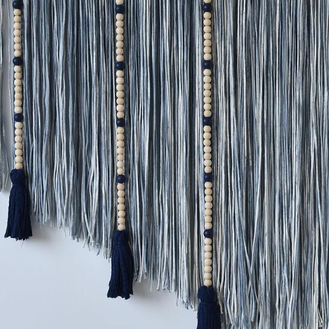 Jakalin Macrame Wall Hanging Blue Dip Dye Bead Boho Home Decor 57"x43" | Blue Dip-dye Cotton Cord, Handwoven Beadwork, Artisan Texture, Modern Boho Wall Decor, Home Accent Yarn Fiber Wall Art - Image 7