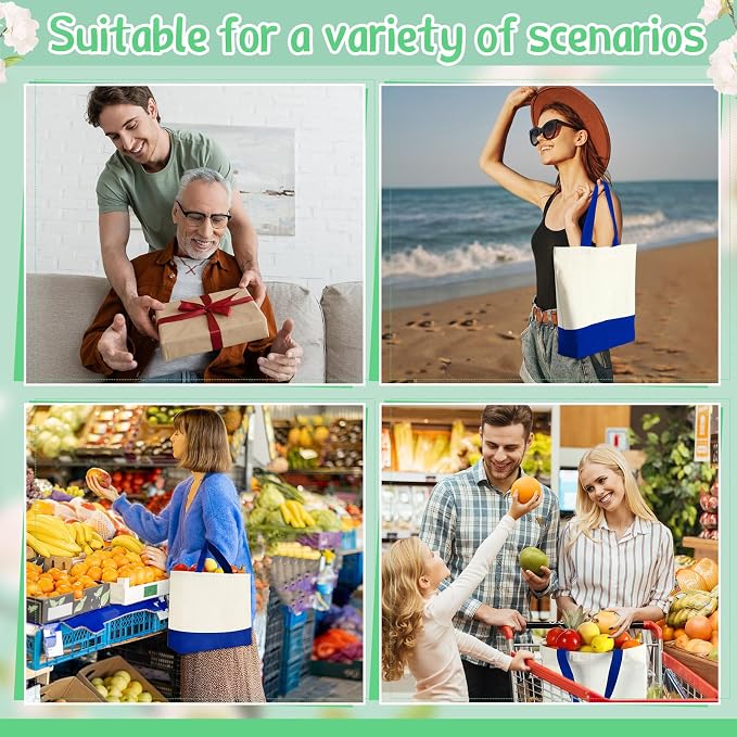 Sanwuta 16 Pcs Canvas Tote Bags Bulk with Zipper Cosmetic Pouch,Blue | 18.5" Reusable Cotton Shopping Bag with Handle for DIY Craft - Image 7