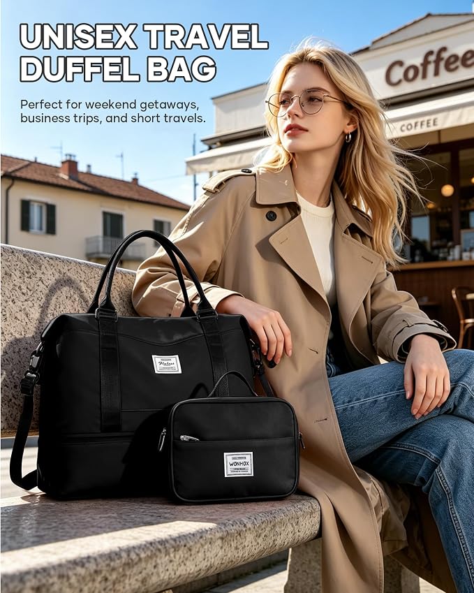 Travel Duffel Weekender Bag Women Tote Carry On Bags With Shoe Compartment | 18x14x8 inches Travel Overnight Bags with Trolley Sleeve for Airplanes Waterproof Sport Tote Gym with Toiletry Bag Black - Image 9