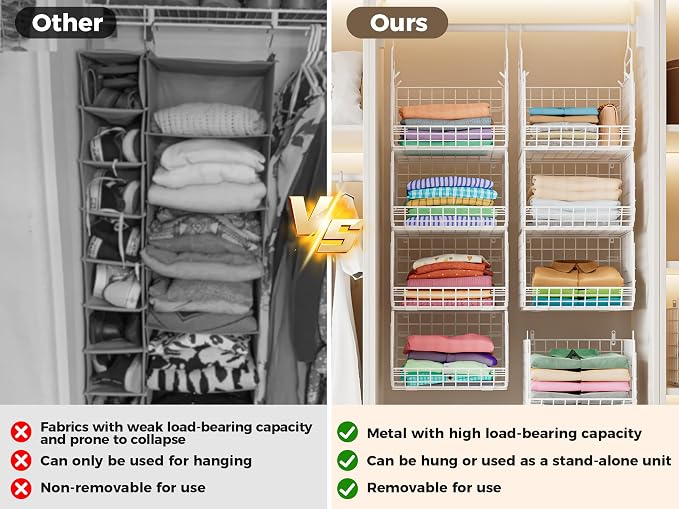 4" Extra Deeper Foldable Hanging Closet Organizer, Small Wire Cabinet Shelves and Storage with 5 S Hooks,4 Tier Metal Basket Bins for Clothes Sweaters Handbags, Wardrobe for Kitchen Laundry Room,White - Image 11