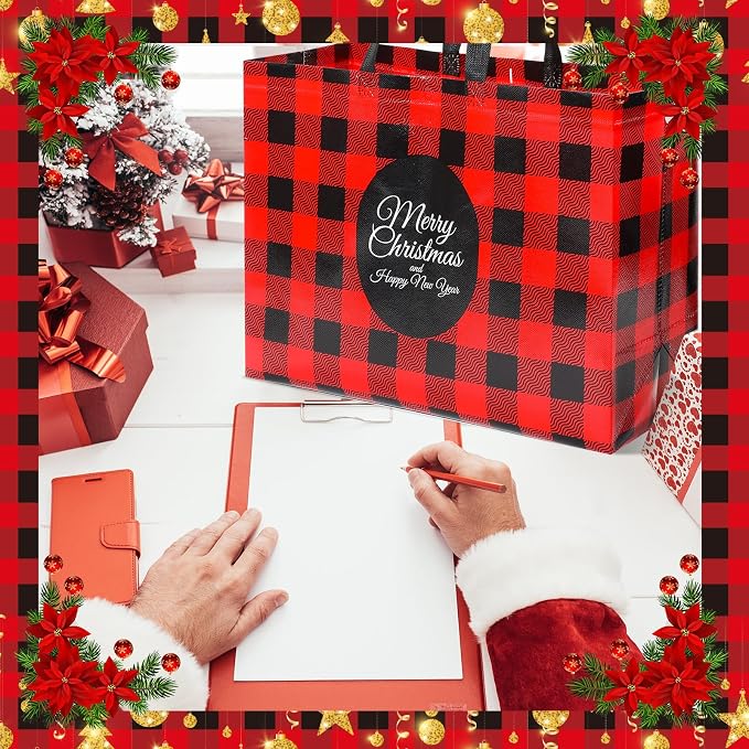Colarr 18 Pcs Extra Large Christmas Tote Bags with Handle Christmas Gift Bag Non Woven Red Green Buffalo Plaid Waterproof Reusable for Winter Xmas Holiday Wedding Party Supplies, 16.5''x 13 "x 7'' - Image 6