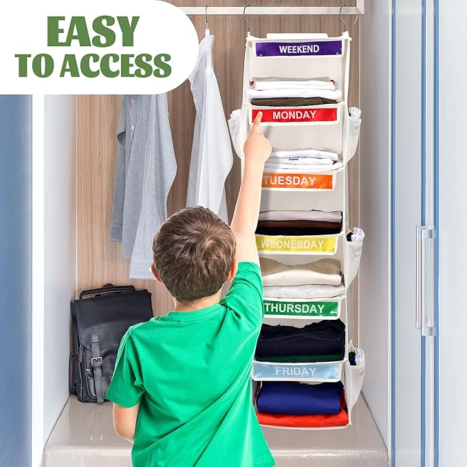 2 Pack 6-Shelf Weekly Clothes Organizer for Kids, Hanging Daily Closet Organization with 6 Side Pockets, Days of The Week Clothing Divider Storage for Boys and Girls (White) - Image 7