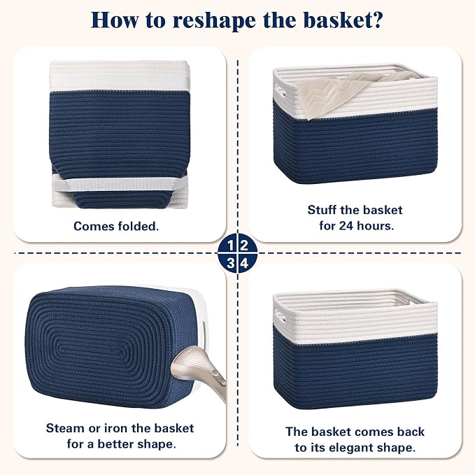 Storage Baskets for Organizing, 4 Pack Baskets for Shelves, Decorative Storage Bins for Shelves, Cotton Rope Storage Basket with Handles, Woven Basket for Storage, 13''Lx8.7''Wx7.9''H, White & Blue - Image 8