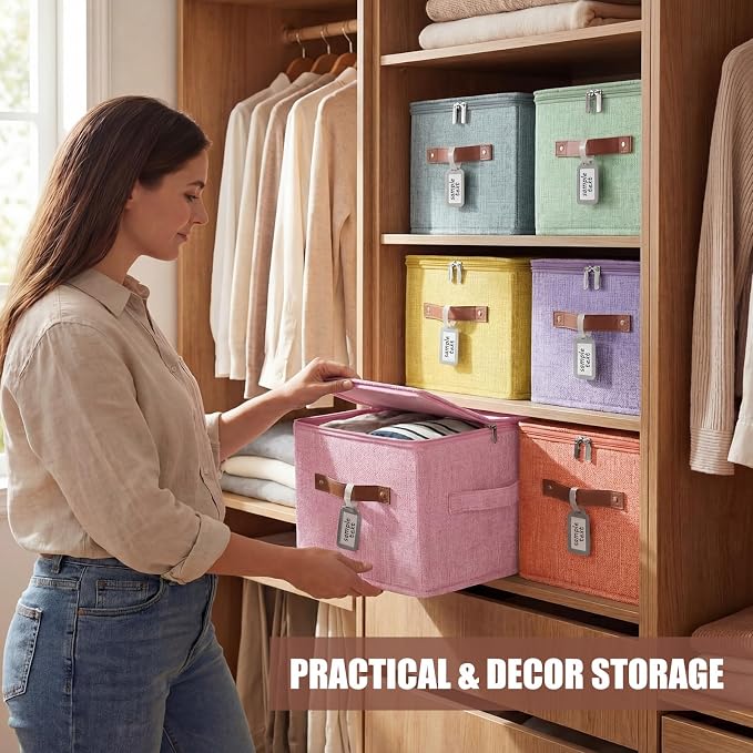 6 Pack Fabric Bins with Lids, 10 x 8 x 7 Inch Colorful Fabric Storage Bins with Zipper Lids and Labels, Decorative Foldable Storage Cubes with Handles for Closet Nursery Organization, Colored - Image 6