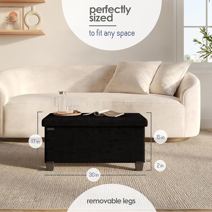 Storage Ottoman Bench with Bins, 30-in Storage Bench for Bedroom End of Bed, Folding Foot Rest Ottoman for Living Room Max 660lbs, Velvet Ottomans, Black - Image 9