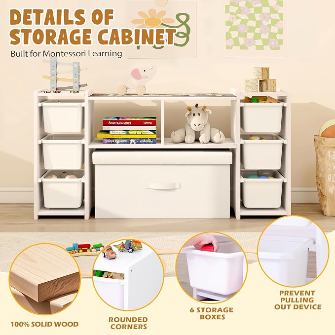 MallBest Montessori Shelf for Kids - 100% Solid Pine Wood with 6 Removable Plastic Bins, Toy Storage Organizer for Playroom, Bedroom & Nursery (White) - Image 7