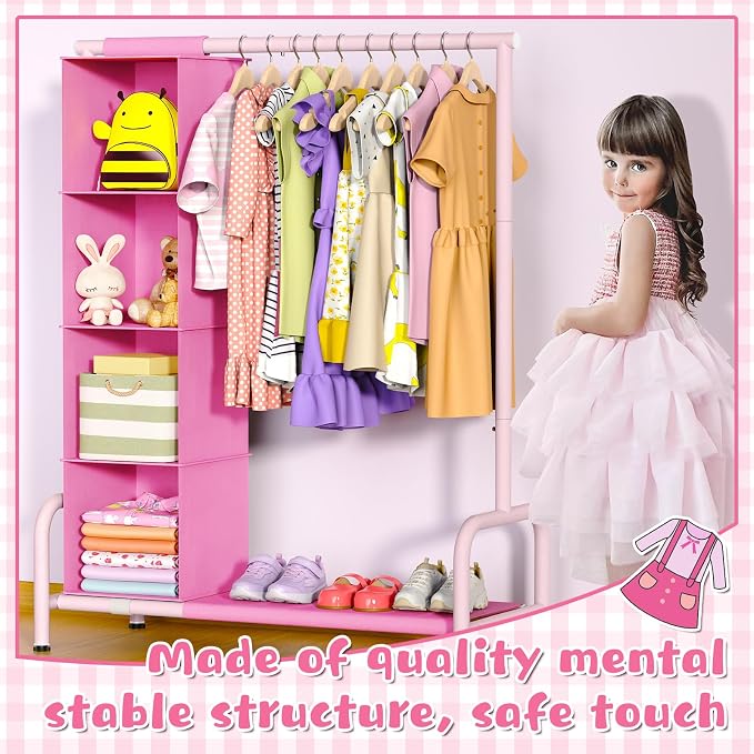 Univivi Kids Clothing Rack with Hanging Organizer, 43 Inch Tall, Pink | Toddler Dress Up Storage with Bottom Shelf, Sturdy Metal Baby Clothes Rack, Dress Up Closet for Nursery, Playroom, Bedroom - Image 6