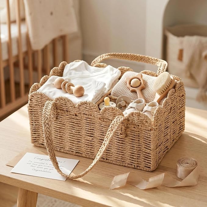 Large Scalloped Paper Rope Diaper Caddy, Nursery Storage Basket with Removable Divider & Handle, Portable Car Organizer for Baby, Newborn Essentials Must Haves - Image 7