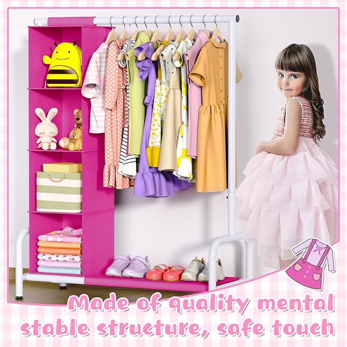 Univivi Kids Clothing Rack with Hanging Organizer, Rose Red and White | Toddler Dress Up Storage with Bottom Shelf, Sturdy Metal Baby Clothes Rack, Dress Up Rack for Nursery, Playroom, Bedroom - Image 6