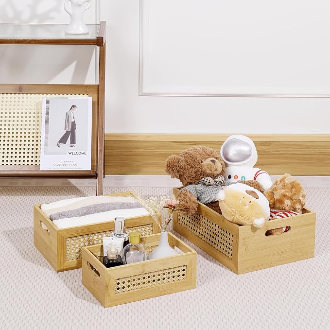 ANMINY Bamboo Rattan Storage Baskets, 3PCS Nesting, with Handles | Natural Bamboo Wood Baskets, Decorative Storage with Built-in Handles, Nestable for Pantry Kitchen Shelf Desktop - Image 9