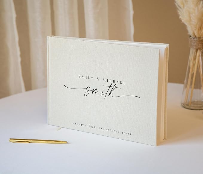 Personalized Guest Book - 11.5" x 8.5" Custom Bride & Groom Names with Bookmark and Hard Cover 140 GSM Blank Pages, for Weddings Guest Book, Engagements, Birthdays, Special Events, Cream - Image 6