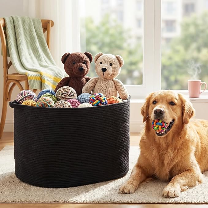 XXXXL 125L Extra Large Woven Blanket Basket, 25" x 18" x 17" Jumbo Cotton Rope Storage Basket with Handles Toy Storage Bins for Laundry Hamper Nursery Organizer Living Room Home(Black) - Image 6
