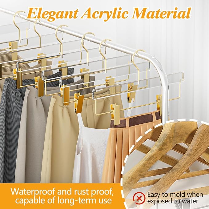 30 Pack Clear Gold Acrylic Pants Hangers with Adjustable Clips | Non-Slip & Heavy Duty Hangers for Pants, Skirts, Jeans, Trousers, Scarves, Adults & Kids, Clothing Closet Storage Organizer - Image 7