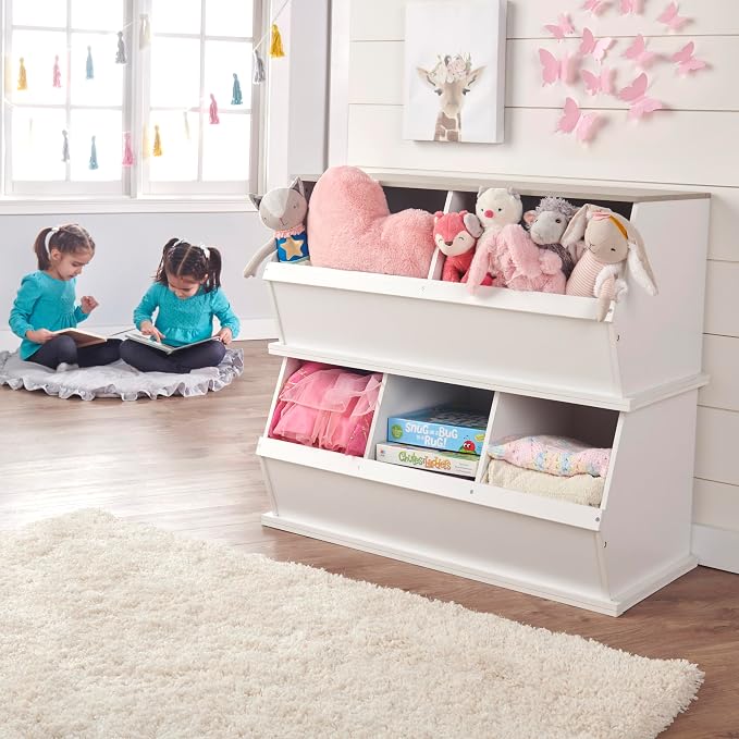 Badger Basket Two-Bin Stackable Toy Storage Cubby Organizer for Kids, Books, Clothes, and Toys – Sturdy Wooden Organizer for Playroom, Bedroom, or Nursery – White/Gray Woodgrain Finish - Image 9