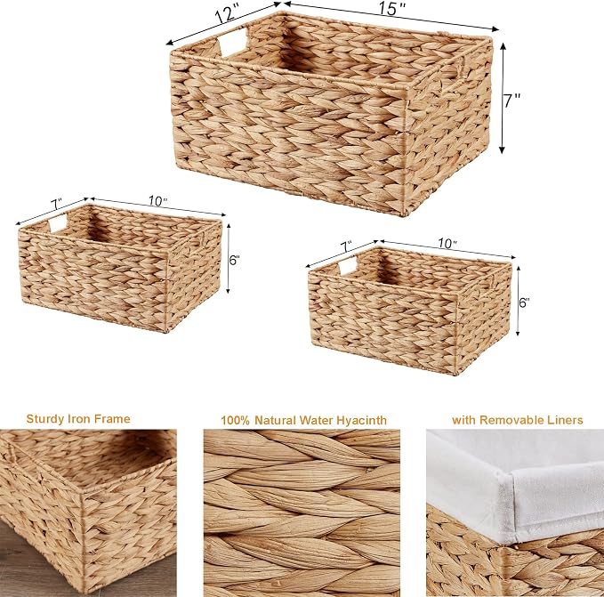 Wicker Basket, 3-Pack Water Hyacinth Wicker Storage Basket with Handles, Storage Baskets for Organizing, Large Hyacinth Storage Baskets for Shelves with Liner (Water Hyacinth Baskets Set) - Image 7