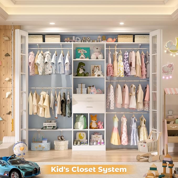 Besiost Closet System - 5-8FT Closet Organizer System with Wooden Drawers & Cube Storage Organizer, Up To 96" Closet Systems for Nursery & Walk-In Closets with Cuttable Hanging Shelving, White - Image 9