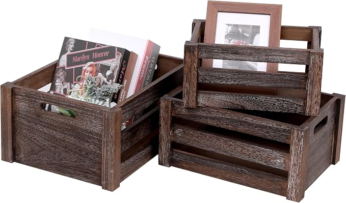 Set of 3 Nesting Wooden Crates, Small Rustic Farmhouse Wood Storage Boxes with Handles, Stackable Compact Organizer Bins for Kitchen Bathroom Bedroom Decor, 3 Sizes & 3 Colors (White, Brown, Black) - Image 7