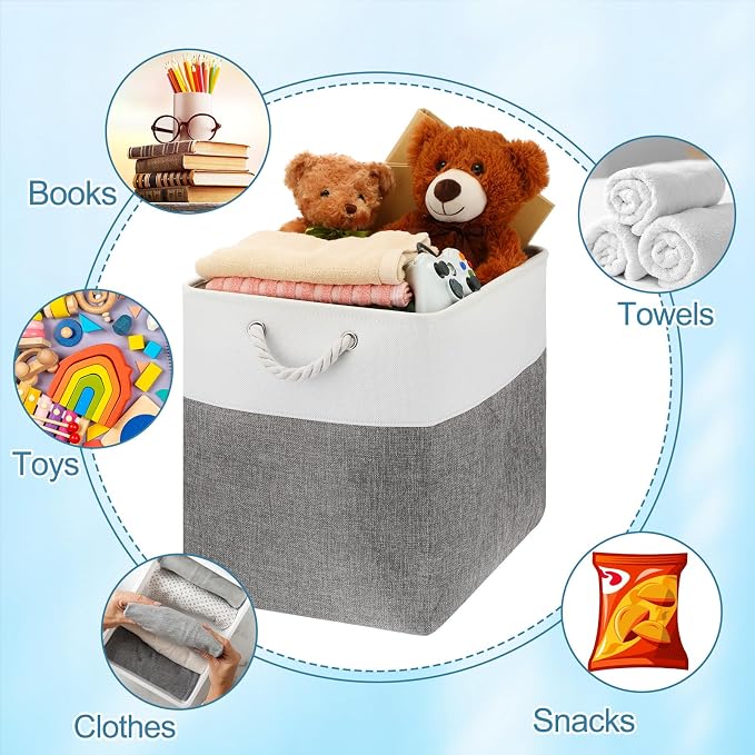 meekoo 8 Pack Collapsible Storage Bins Fabric Storage Bins Polyester Fabric Baskets with Handles Linen Closet Organizer for Shelf Home Closet Towels Toys(17 x 12 x 15 in,Gray White) - Image 7