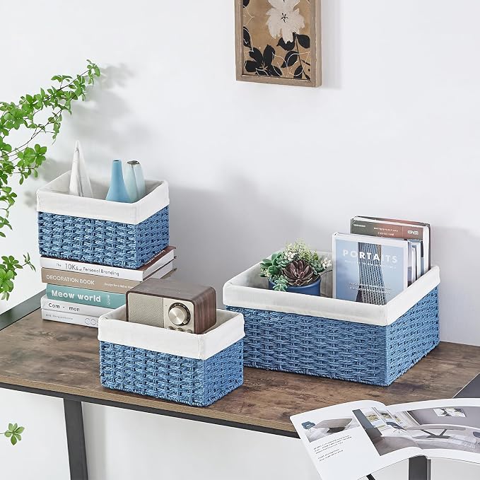 Wicker Basket, Set of 3 Hand-woven Storage Baskets for Organizing, Rectangle Wicker Storage Basket Bins with Handles, Small Toilet Paper Storage Baskets for Shelves & Decor, Blue - Image 7