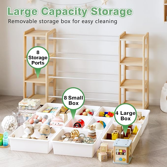 MallBest Extra Wide Toy Storage Organizer with Dual Bookshelves, Kids Wooden Shelf with 12 Removable Bins for Books, Toys, Playroom, Nursery, Bedroom, Natural, Large - Image 7