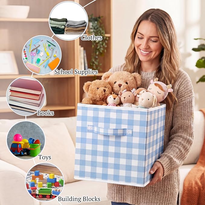 Yalikop 6 Pcs Blue Gingham Cube Storage Bins, 11 Inch Fabric Checkered Classroom Storage Bins Organizer with Handle Preppy Collapsible Cubby Basket for Classroom Home Nursery Playroom Bedroom - Image 7