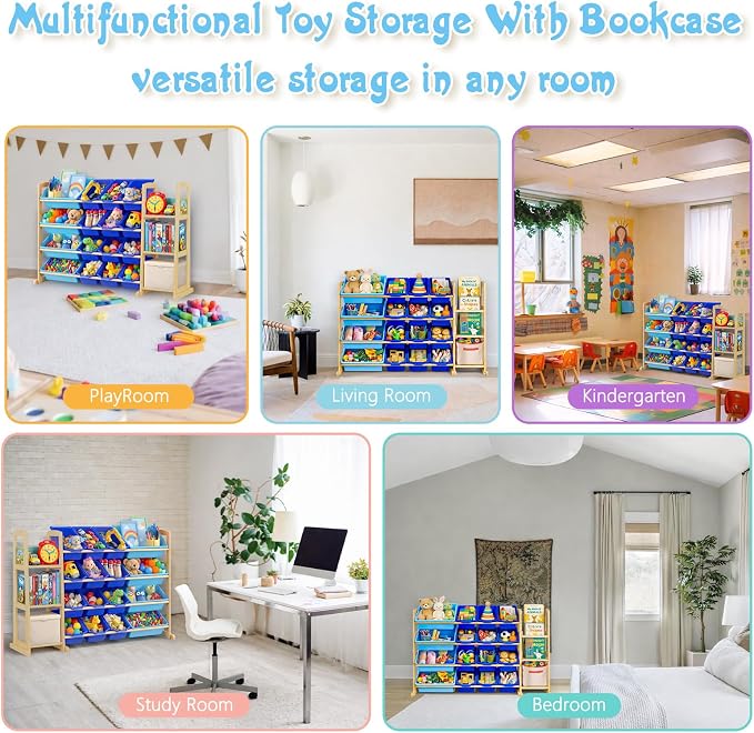 Kids Toy Storage Organizer with Bookshelf – Wooden Shelf with 16 Bins & 3 Shelves, Quick Assembly Storage Rack for Playroom, Bedroom, Nursery - Blue - Image 7