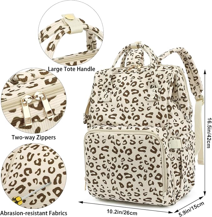Corduroy Diaper Bag Backpack for Baby Girls Boys, Women Large Nappy Bags for Mom (Beige Corduroy Leopard) - Image 7