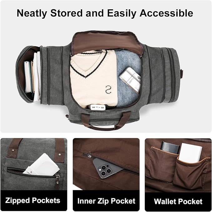 EKOROMIER Large Canvas Duffle Bag for Travel, Expandable 70L Weekender bags | Features Luggage Trolley Sleeve, Multi-Pockets for Traveling, Durable Overnight Carry-On Bag for Men & Women - Grey - Image 6