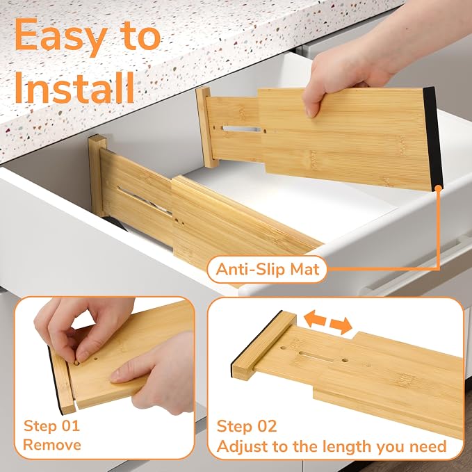 BAMEOS Bamboo Expandable Drawer Dividers – Fits 12.2"–17" Drawers, 4" Extra Deep Walls, Set of 4 | Tall Spring-Loaded Separator for Baby Dresser, Sock Drawer & Bathroom Cabinet - Image 7