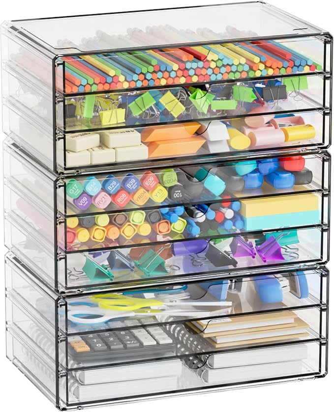 11.1 Inch Long Clear Drawer Organizers Stackable,3 Pack Small Acrylic Drawers,School,Office Supplies Organizer And Storage Bins for Stationery,Marker,Pen,Pencil,Craft Desktop Storage Drawers - Image 9